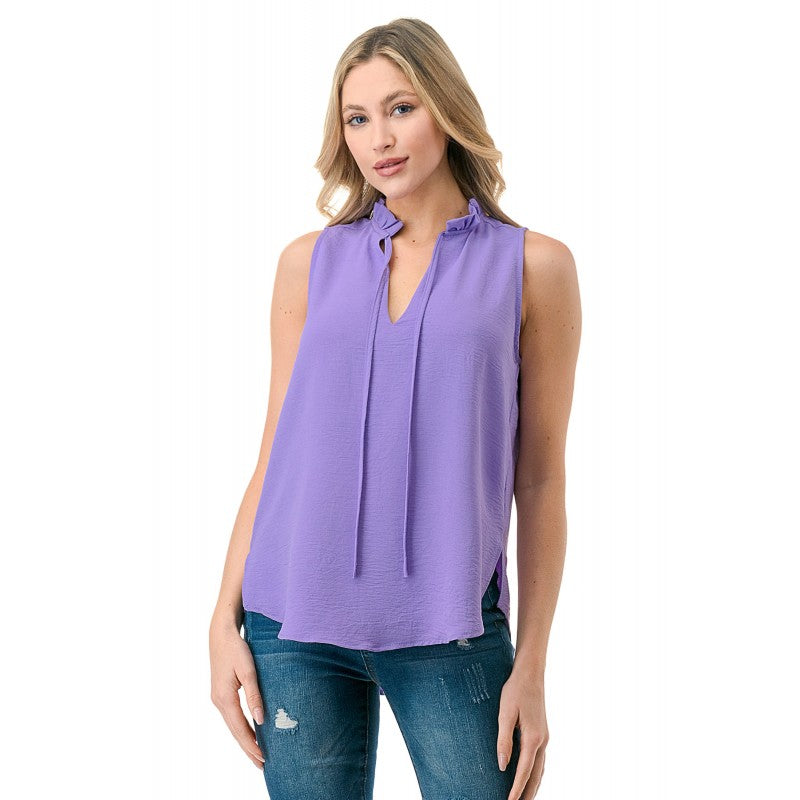 Crinkle Split Tie Neck Sleeveless Top Lilac