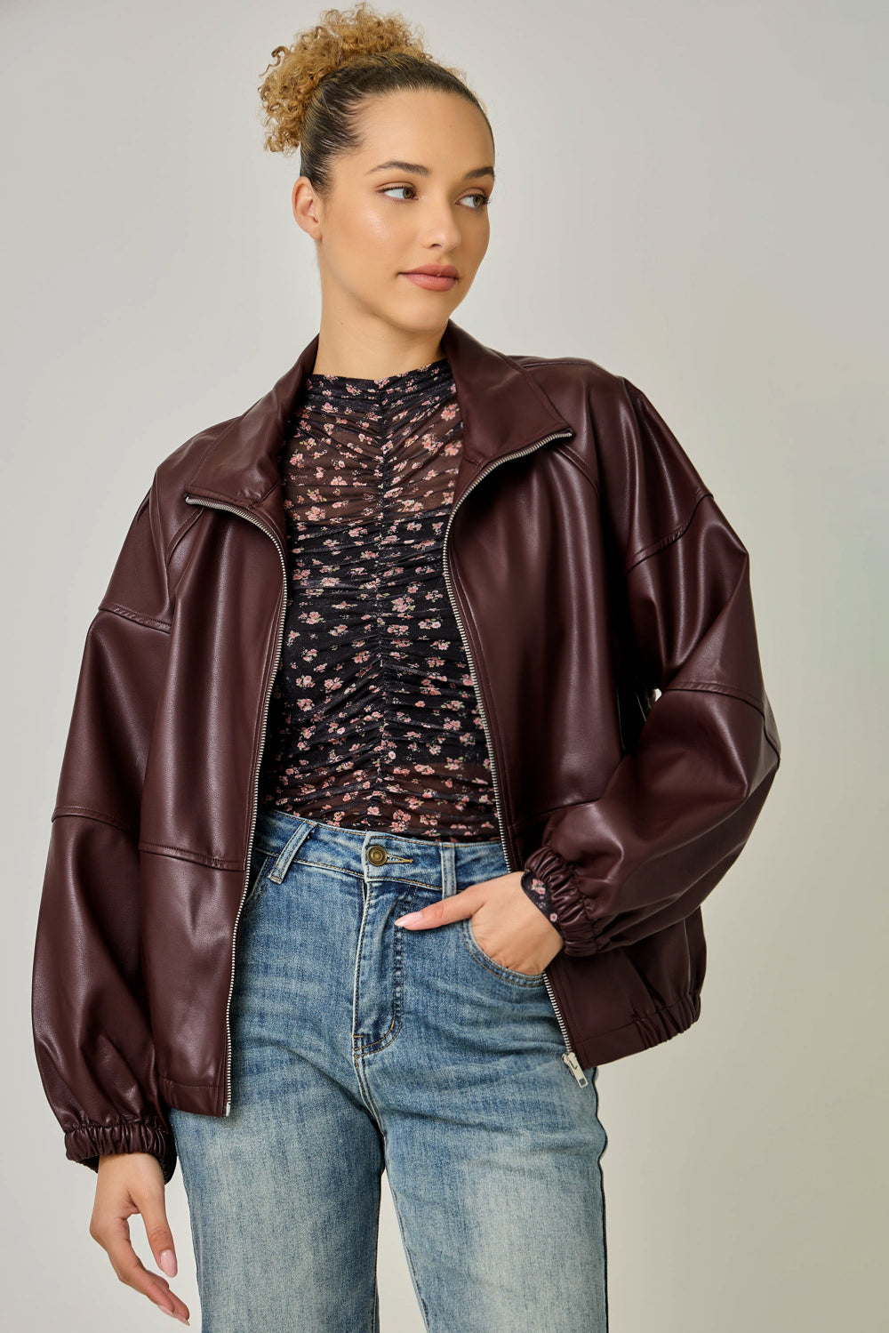 Oversized Leather Jacket Burgundy