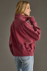 Cropped Funnel Neck 1/4 Zip Sweatshirt Burgundy