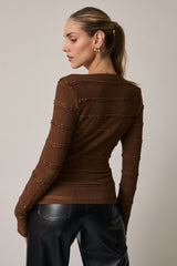 Boat Neck Ribbon Trim Top Brown