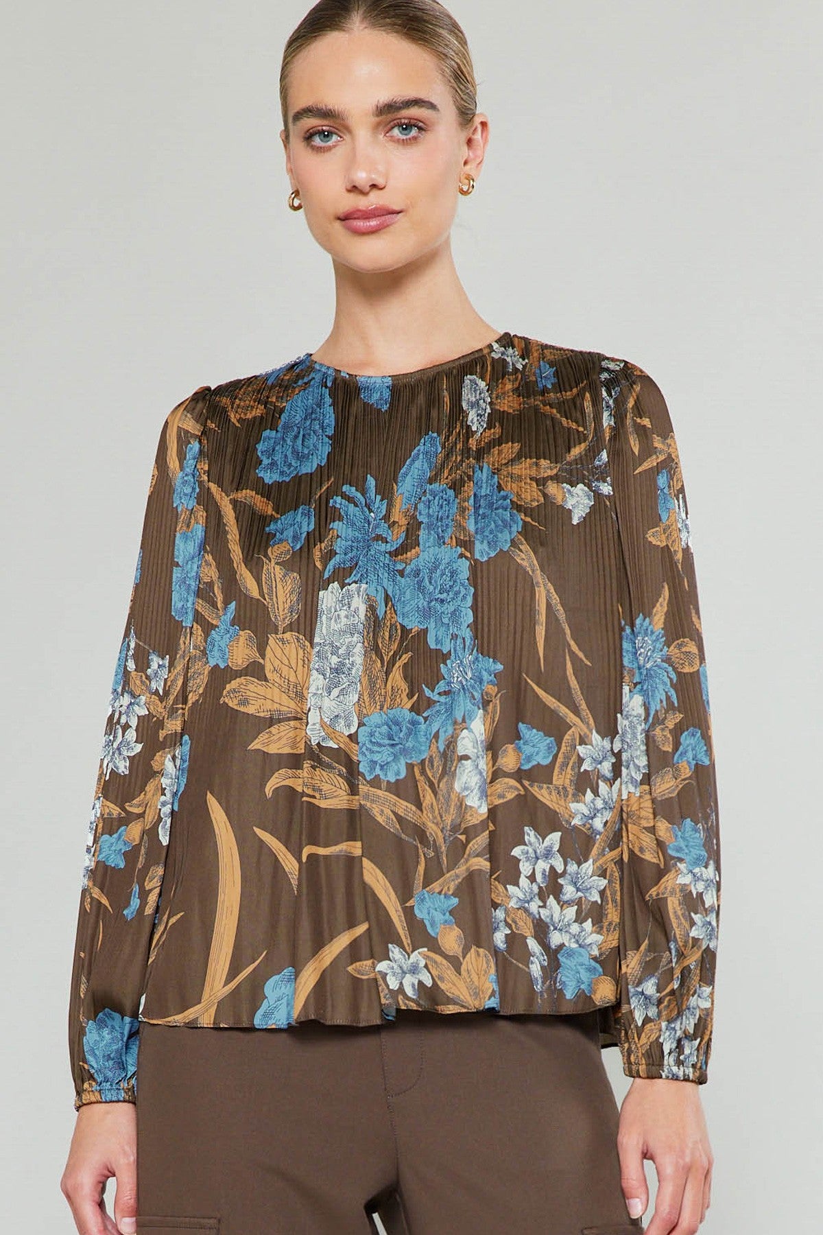 Long Sleeve Button Back Pleated Blouse Brown Floral