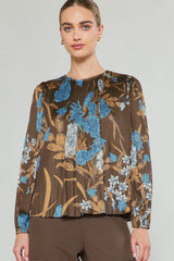 Long Sleeve Button Back Pleated Blouse Brown Floral