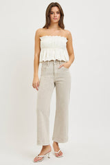 Tummy Control High Rise Crop Detail Wide Jeans Almond