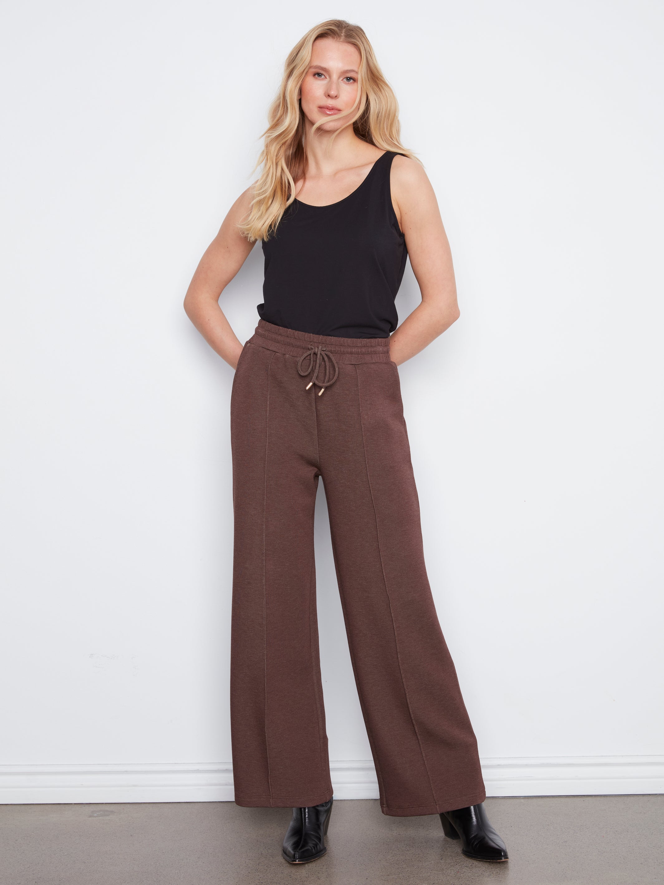 Elastic Waist Pintuck Wide Leg Pants Heather Espresso