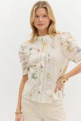 Floral Print Elbow Length Puff Sleeve Lace Trim Top Cream