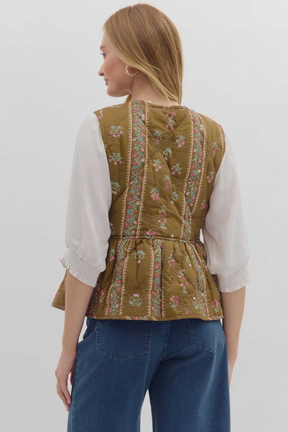 Floral Triple Bow Quilted Peplum Vest Brown