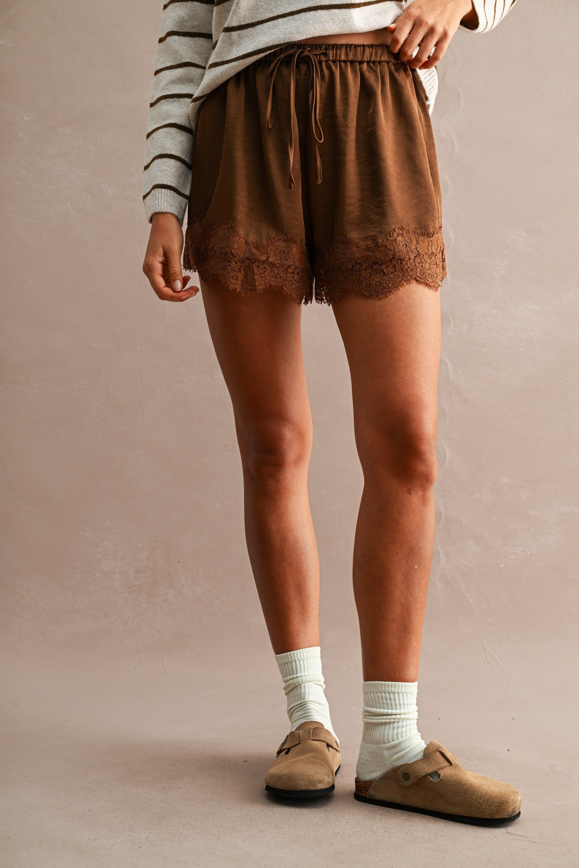 Floral Lace Trim Drawstring Satin Shorts Chocolate Brown