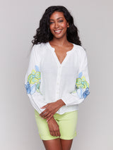 Lace Detail Raglan Sleeve Button Down Blouse Anise
