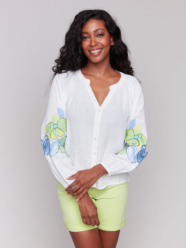 Lace Detail Raglan Sleeve Button Down Blouse Anise