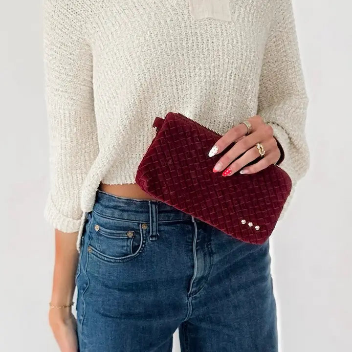 Suede Emma Woven Clutch Wristlet Burgundy