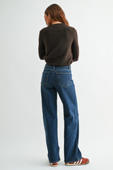 Clean Hem Angled Seam Waist Detail Jeans Dark Denim
