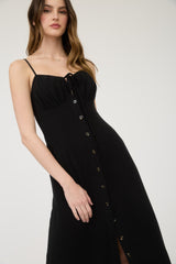 Button Down Front Tie Midi Dress Black