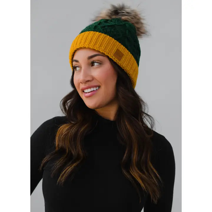 Contrast Trim Cable Knit Pom Hat