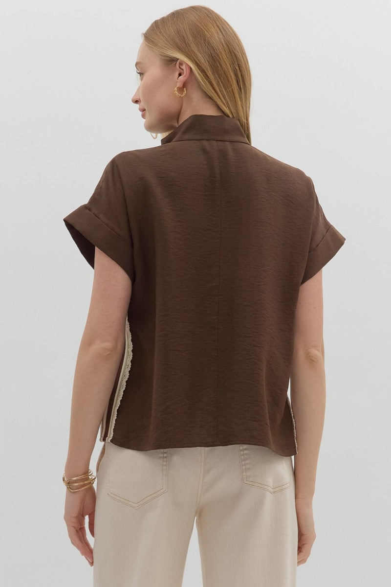 Crochet Edged Band Neckline Pullover Top Brown