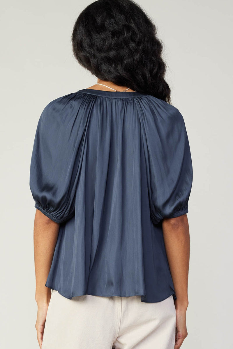 Gathered Detail Vneck Blouse Slate Navy