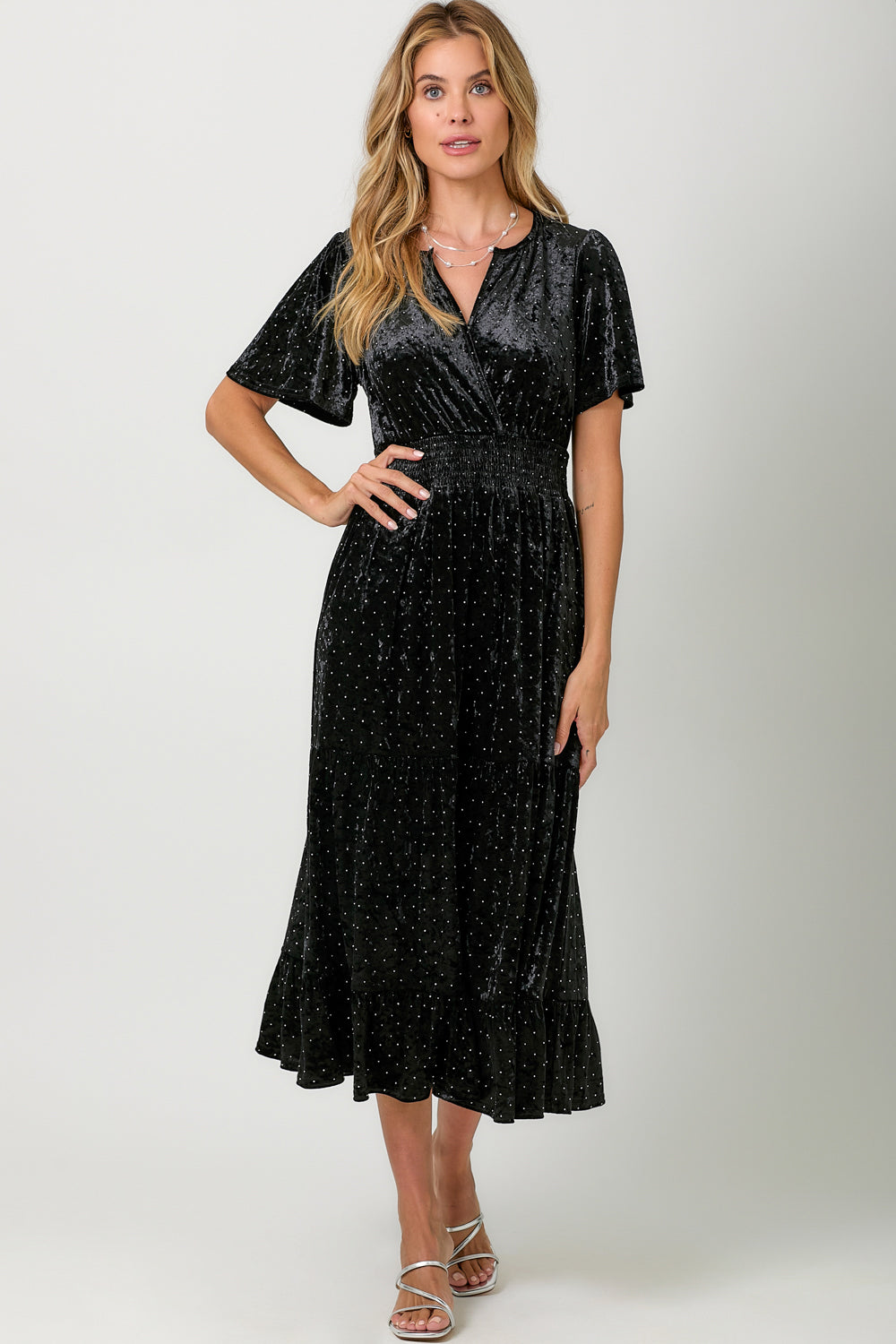 Flutter Sleeve Velvet Crystal Dress Black
