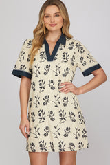 Embroidered Floral Collared Mini Dress Navy