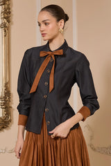 Suede Tie Denim Button Down Shirt Dark Denim