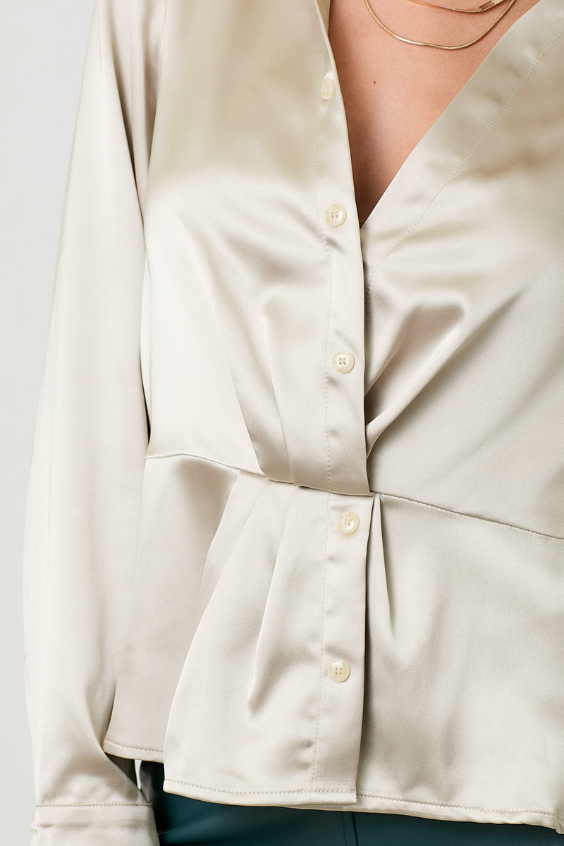Collared Pleat Button Detail Peplum Satin Blouse Champagne