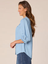 3/4 Cinched Band Sleeve Floral Crochet Button Down Top Light Blue