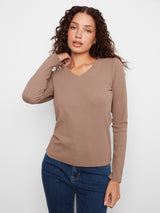 Tencel Ribbed Long Sleeve Vneck Top Taupe