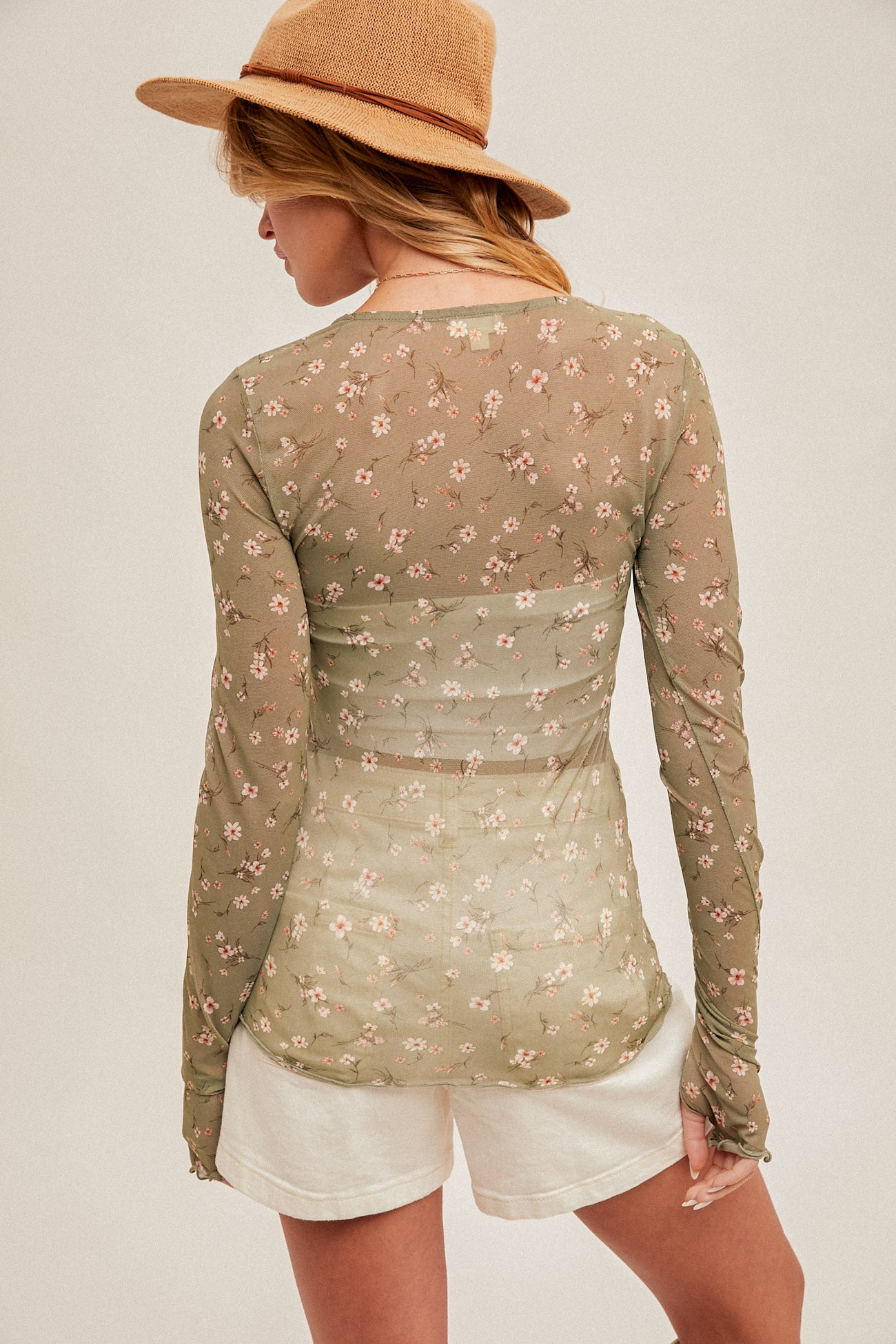 Ditsy Floral Mesh Cabbage Hem Layering Top Olive
