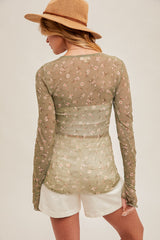 Ditsy Floral Mesh Cabbage Hem Layering Top Olive