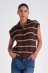 Striped Cap Sleeveless Quarter Zip Sweater Brown + Beige