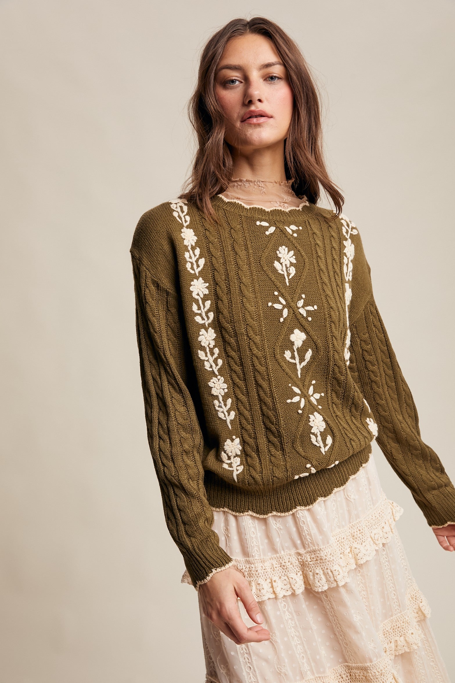 Floral Embroidered Cable Knit Dark Olive