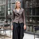 Classic Leather Knit Moto Jacket Brown