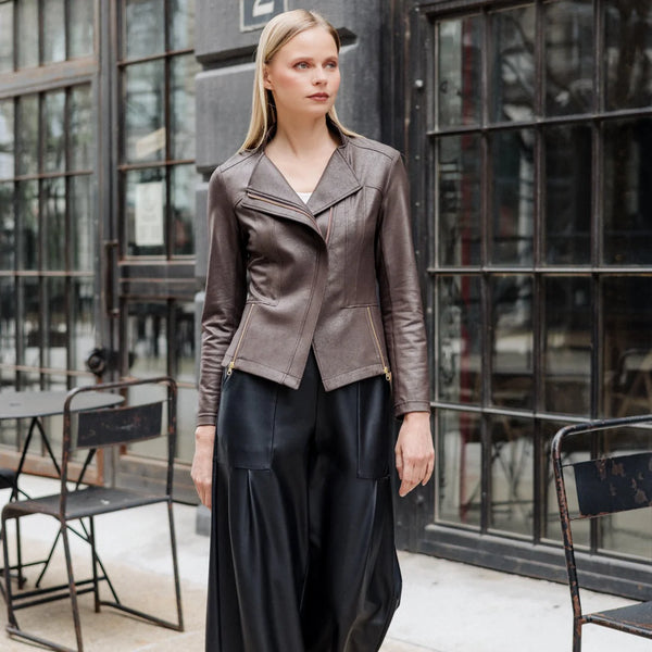 Classic Leather Knit Moto Jacket Brown