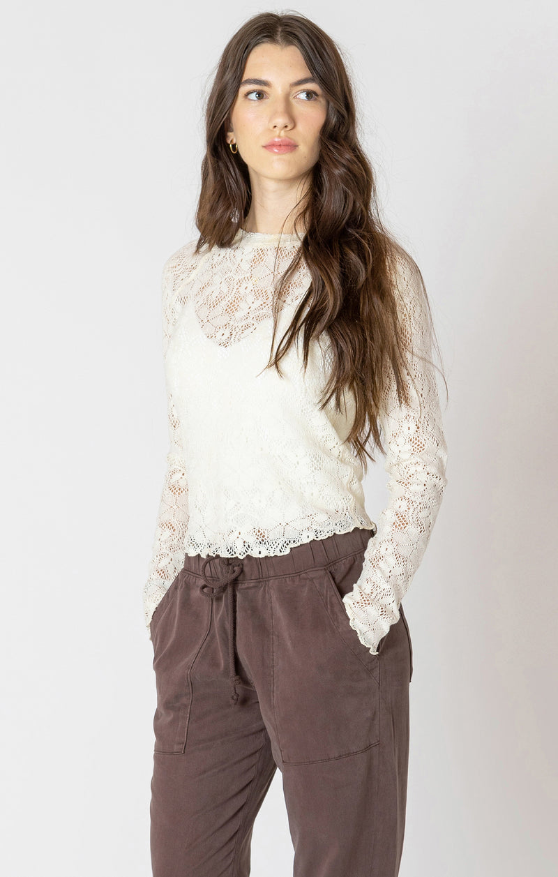 Exposed Seam Lace Lettuce Hem Top Natural