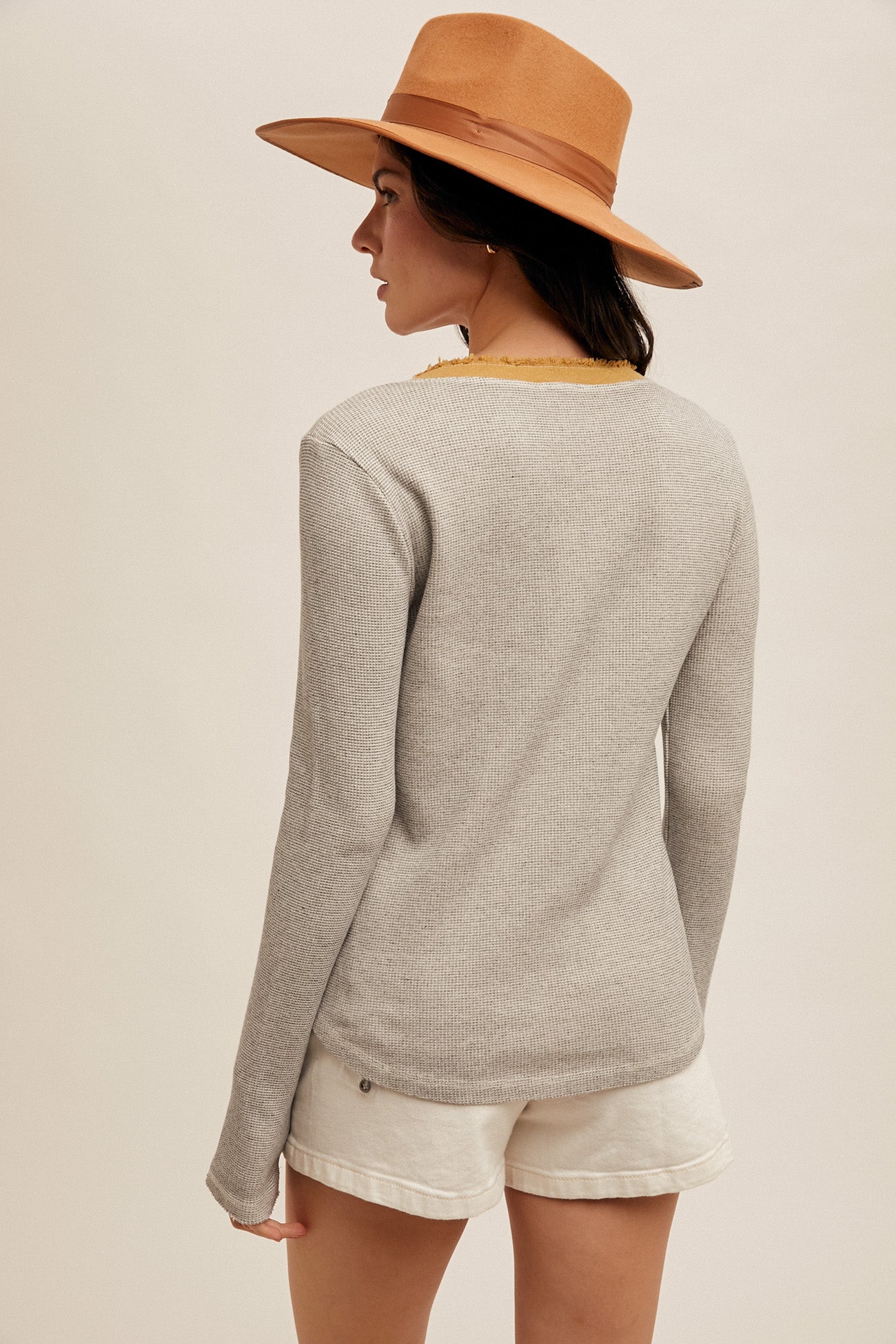 Raw Edge Distressed Washed Thermal Henley Heather Grey