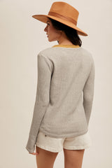 Raw Edge Distressed Washed Thermal Henley Heather Grey