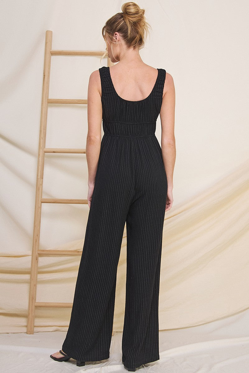Pinstripe Linen Sleeveless Milkmaid Jumpsuit Black Stripe