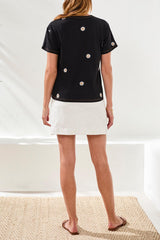 Short Sleeve Daisy Embroidered Tee Black