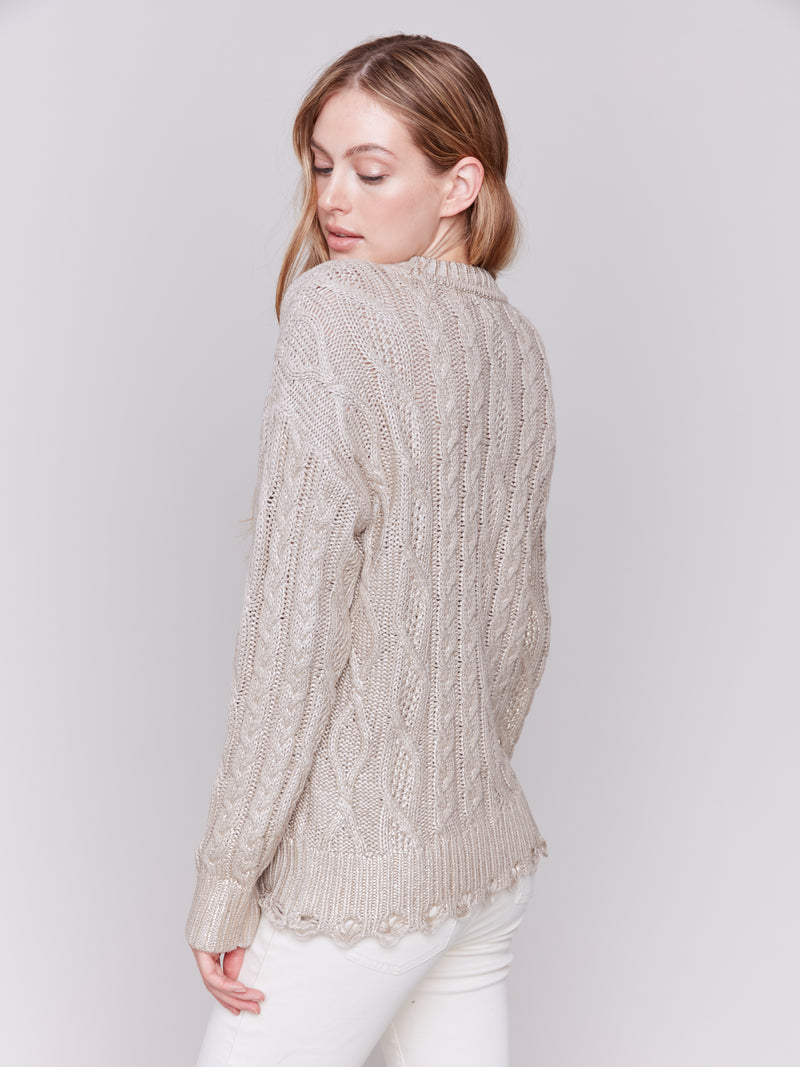 Metallic Distressed Cable Knit Sweater Champagne