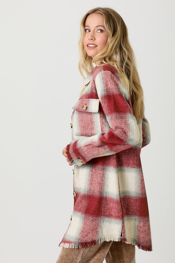 Frayed Hem Detail Long Plaid Jacket Red