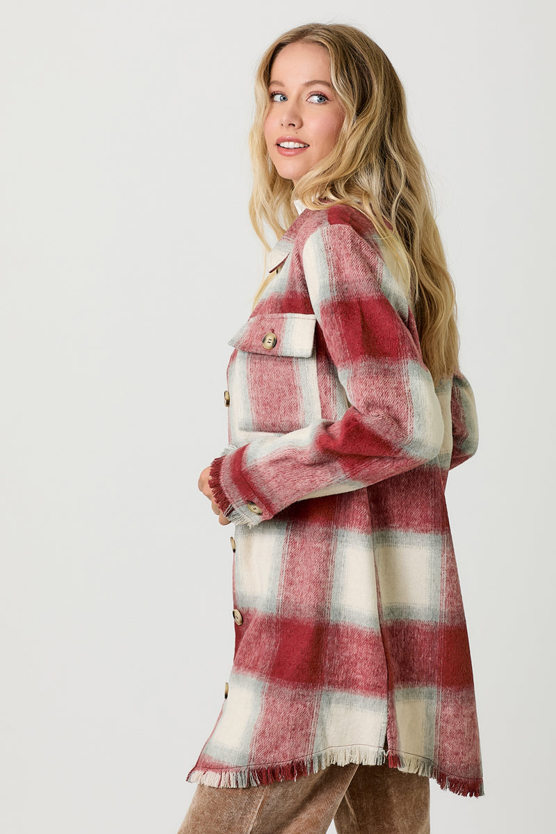 Frayed Hem Detail Long Plaid Jacket Red