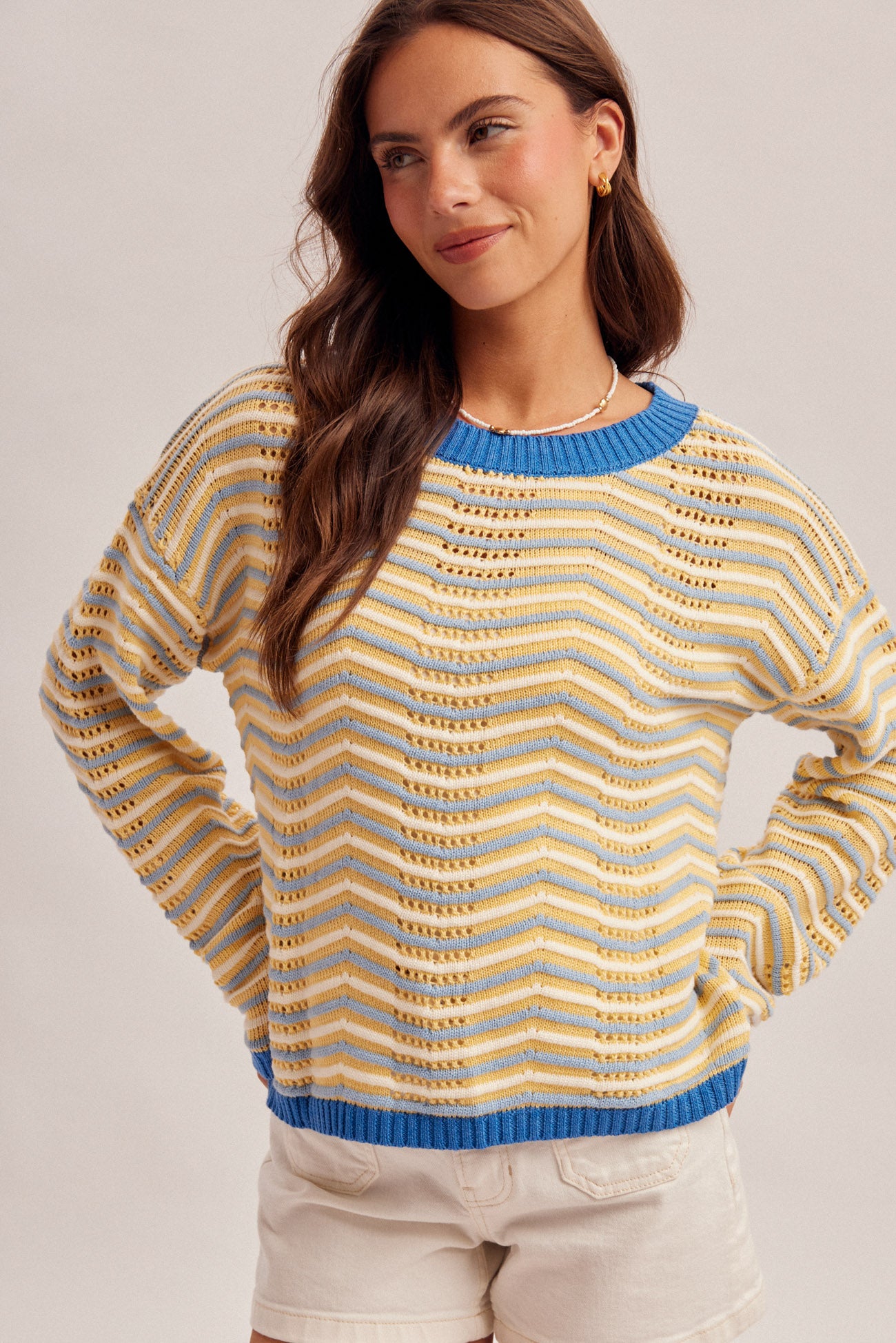 Round Neck Long Sleeve Pointelle Sweater Blue + Yellow