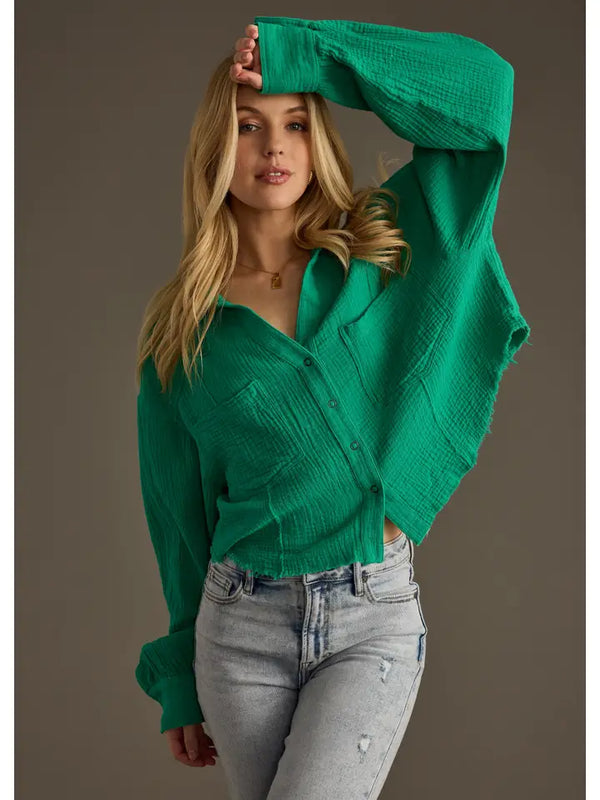 Gauze Button Up Long Sleeve Shirt Kelly Green