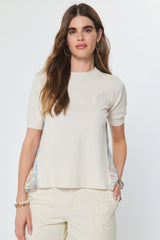 Sheer Floral Back Solid Knit Front Top Ivory