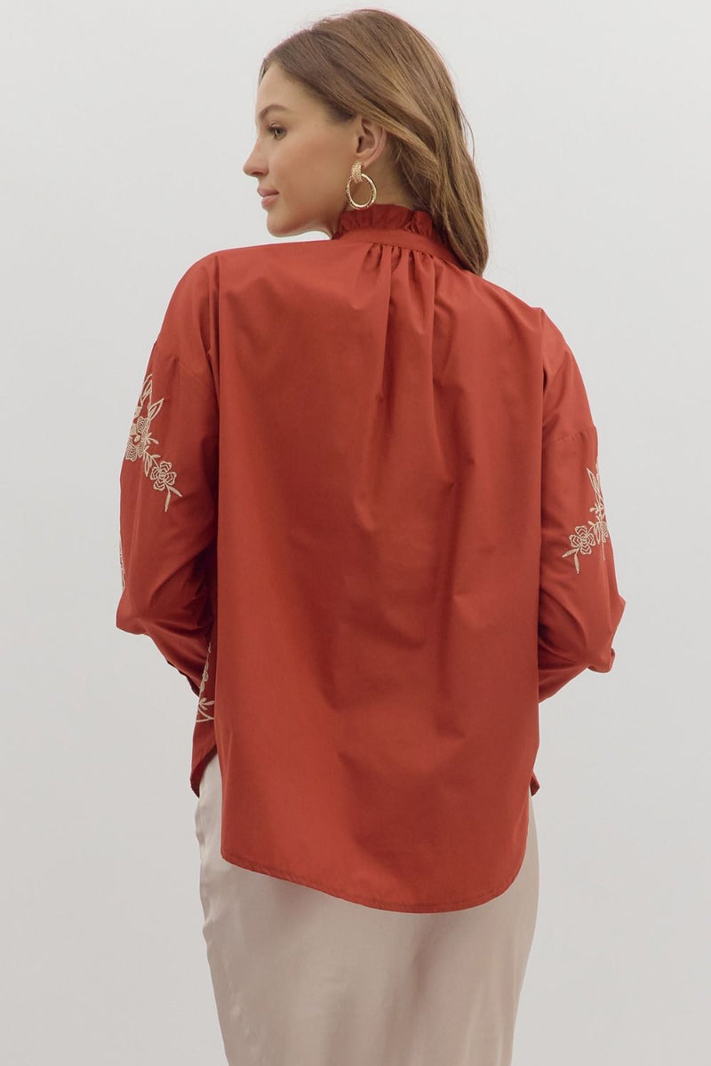 Floral Embroidered Covered Button Detail Blouse Rust