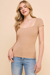 Ribbed Knit Relax Fit Square Neck Top Camel
