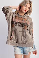3/4 Sleeve Mix Pattern Patch Detail Hoodie Mocha