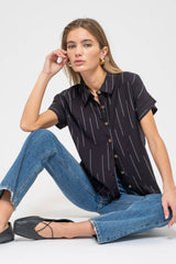 Line Print Short Sleeve Collared Button Down Shirt Black