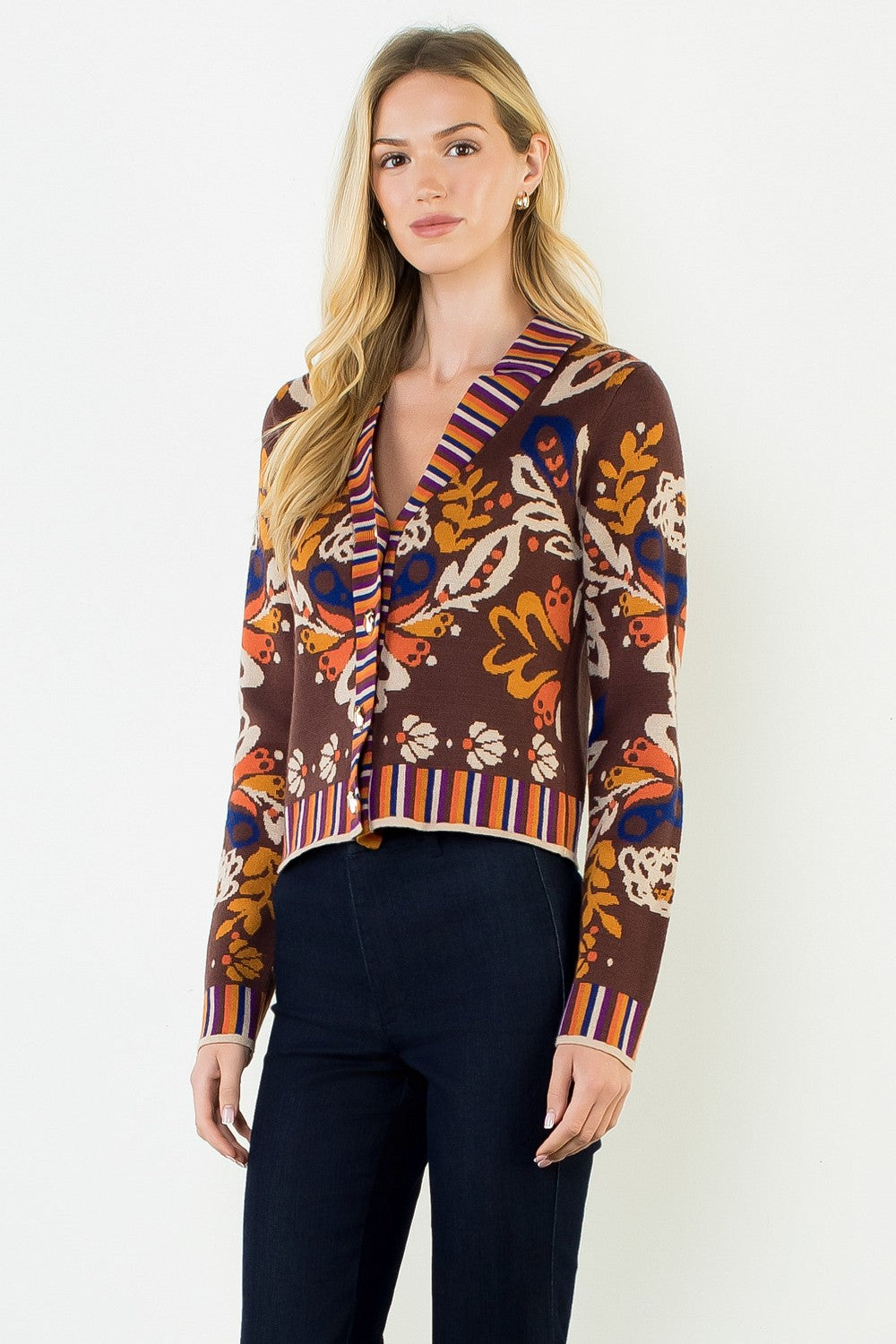 Floral Vneck Gold Button Cardigan Brown