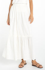 Tiered Woven Pull On Maxi Skirt Cream Stripe Embroidered