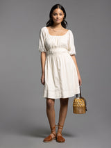 Bardot Gathered Waist Button Detail Dress Creme