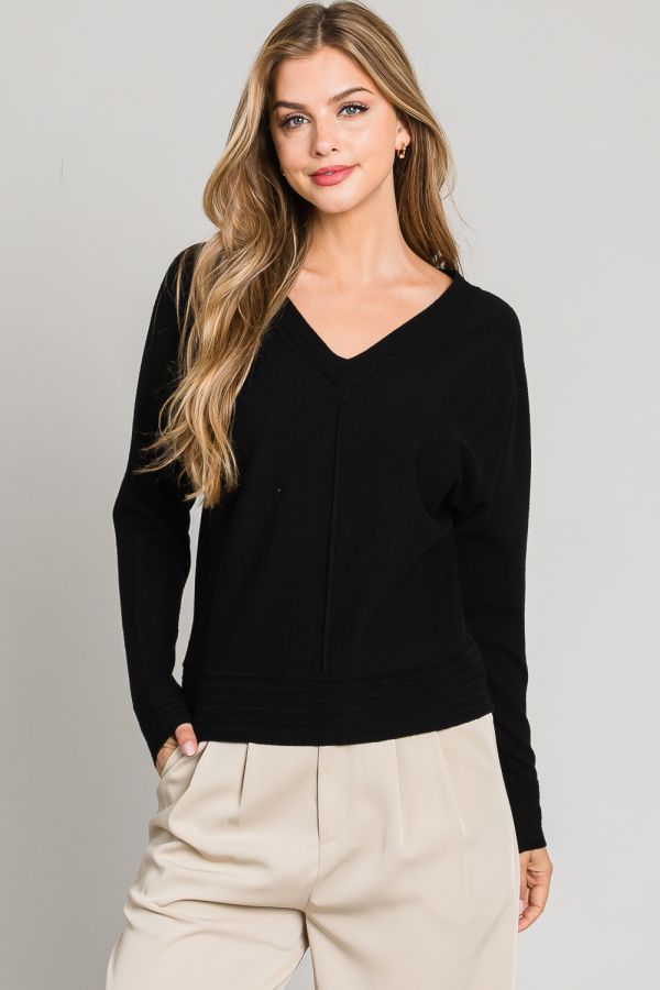 Textured Stripe Hem Sweater Top Black